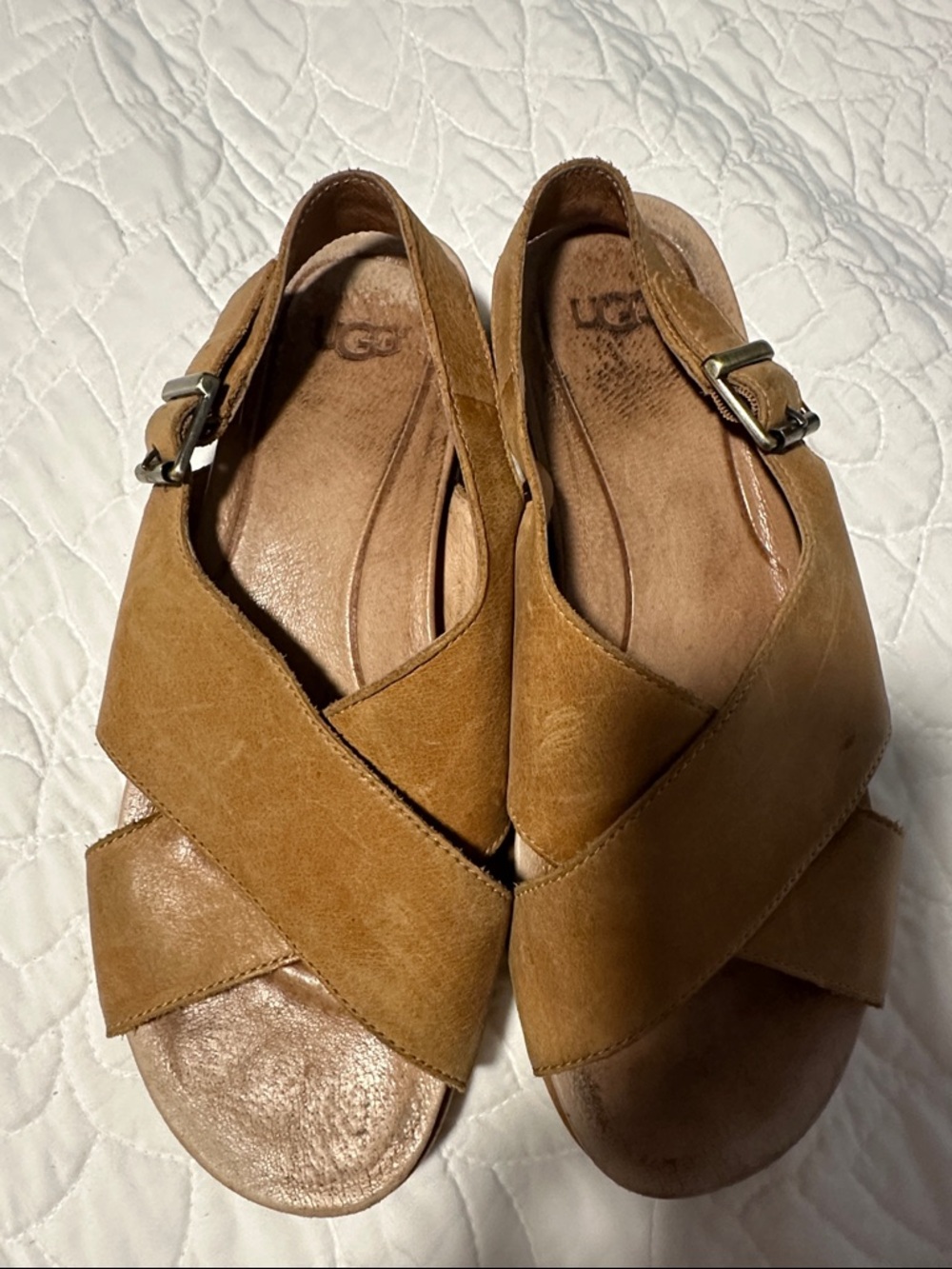 UGG Women's Tan Cross-Strap Leather Slide Sandals